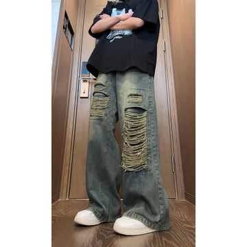 Riolio Beggar jeans men Vintage Streetwear Ripped Hole Jeans Men Women Harajuku Aesthetic Wide Leg Denim Trousers Unisex Straight Pants